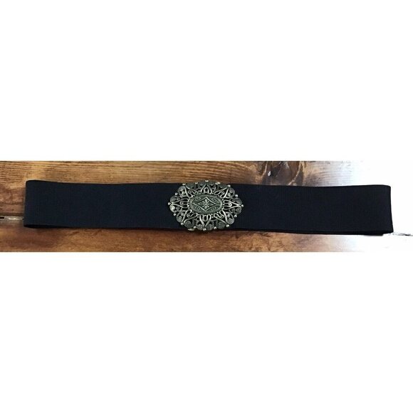 SKAFFLES Vintage Wide Elastage Oval Buckle Belt Black Stretch Bronze CottageCore